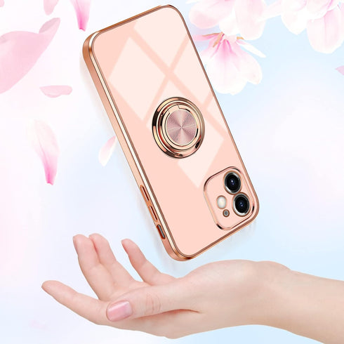Omorro Pink iPhone 11 Case for Women, Ring Holder with Built-in 360 TPU Rotation Kickstand, Glitter Plating Rose Gold