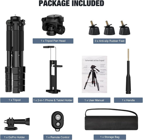 MoKo 70" Camera Tripod for iPad, iPhone, DSLR, SLR, with Travel Bag, Phone Holder, Wireless Remote, and Webcam