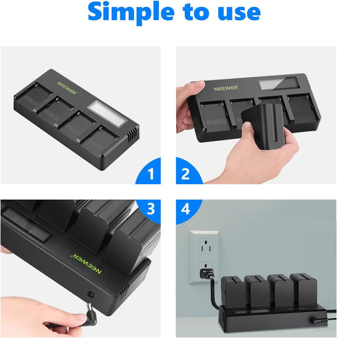Neewer 4-Channel NP-F Battery Charger with LCD Screen & Power Adapter, Compatible with Sony NP-F550 F570 F750 F770