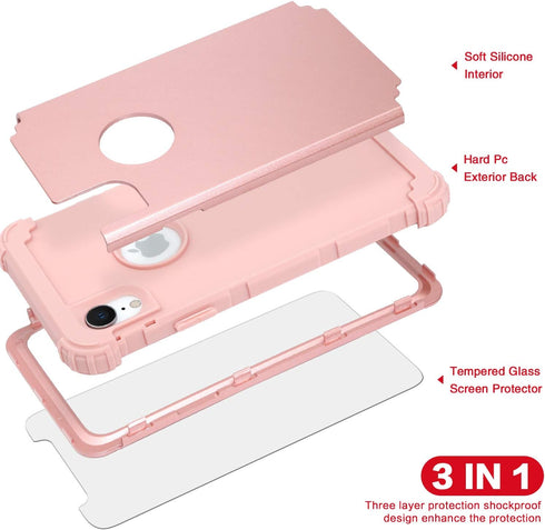 IDweel iPhone XR Case, Rose Gold 3-in-1 Shockproof Hybrid Cover with Tempered Glass Screen Protector for Women.