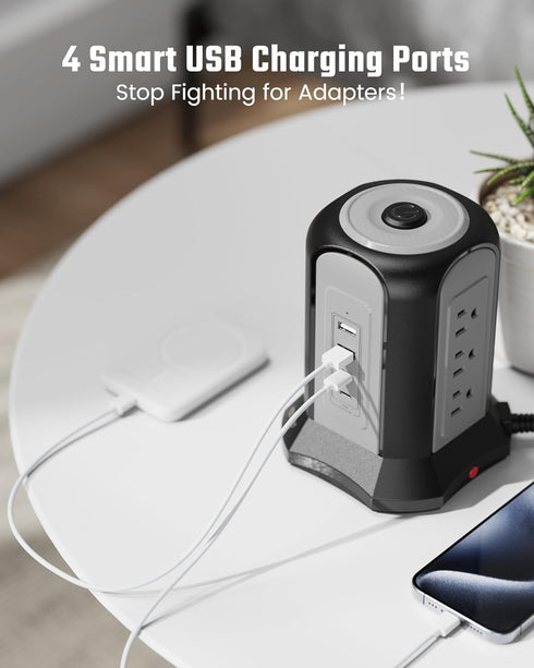 SUPERDANNY Power Strip Tower Surge Protector, Black Desktop Charging Station with 10 Ft Extension Cord, 9 Outlets