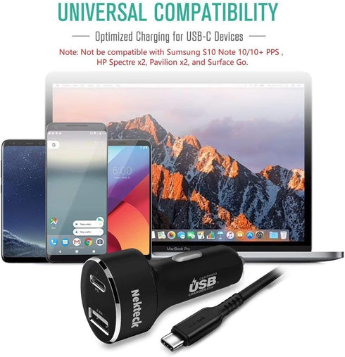 Nekteck Type C Car Charger with 45W Power Delivery, 12W A Port, 3.3ft Cable for iPhone, iPad, MacBook, Galaxy