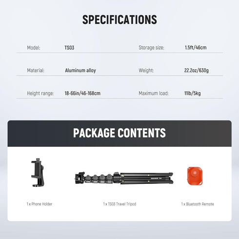 NEEWER 66" TS03 Basic Phone Tripod for iPhone & Camera w/Remote & Phone Holder, Metal Selfie Stick Travel Vlog Cell