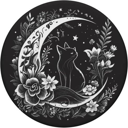Cat Sitting on Crescent Moon Flowers Stars Drawing PopSockets Swappable PopGrip