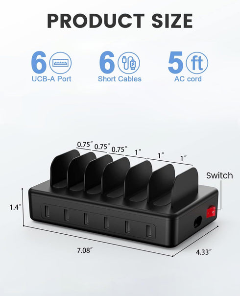CREATIVE DESIGN Charging Station 50W, 6 Ports Multi Charger Station with 6 Charging Cables, USB Charging Dock for