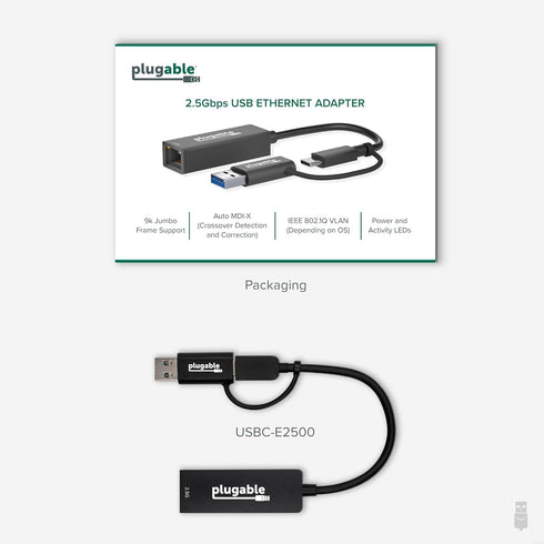 Plugable 2.5GB USB Ethernet Adapter for Laptop, 2-in-1 USB-C and USB Compatible, RJ45 2.5 Gigabit LAN