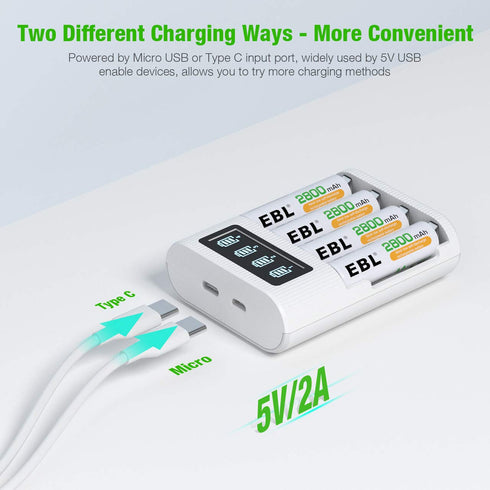 EBL 4 2 LCD Battery Charger AA AAA Rechargeable Battery Charger - Bay Smart LCD Charger with USB Input Port for Ni-CD