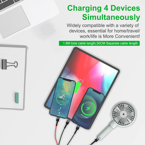 MTAKYI 1.8M/6Ft Multi 4 in 1 USB Universal iPhone Charging Cable, Lightning2+Type C+Micro USB Long Nylon Braided