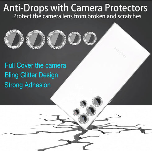 [5+5 Pack Compatible with Samsung Galaxy S22 Ultra Camera Lens Protector Glitter Bling, S22 Ultra Camera Cover, Tempered Glass Clear Screen Protector Accessories, Phone Case Friendly (Silver)
