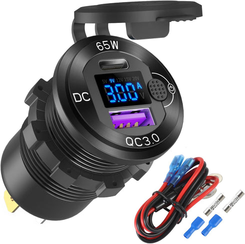 12V USB Outlet Aluminum Car Charger PD65W for Laptops, Quick Charge 3.0 USB Port with Voltmeter for RV Marine Boat