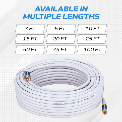 Cables Direct Online 20ft White Quad Shield RG6 Coaxial Cable - F Pin and BNC Extension Wire for Satellite Dish, Cable