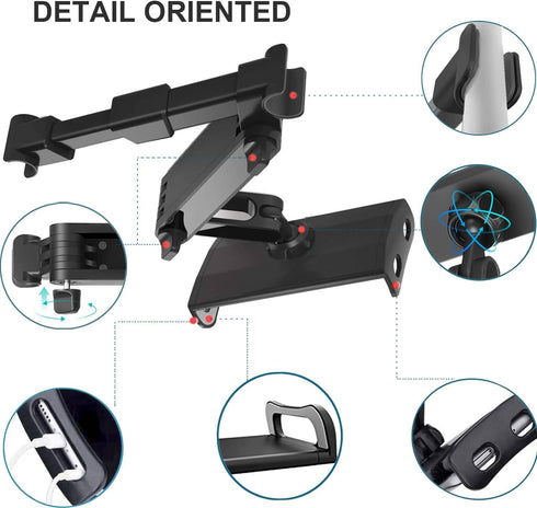 Car Headrest Tablet Mount, Universal Backseat Holder for 5-11" Tablet Phone, 360 Swivel