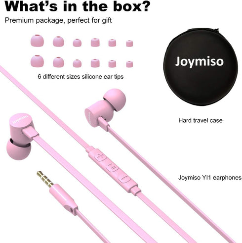 Joymiso Tangle Free Earbuds for Kids and Women, Comfortable Lightweight Wired Earphones with Case (Pink)
