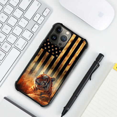 DJSOK Classic Wood Grain American Flag Case for iPhone 15, Dual Layer Shockproof Rugged Cover for Men Boys Girls