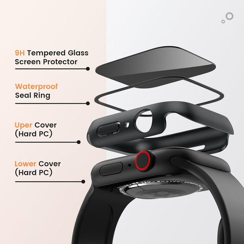 Goton Waterproof Privacy Case for Apple Watch Series 9 8 7 6 5 4 SE, Hard PC Bumper with Tempered Glass, 41mm Black