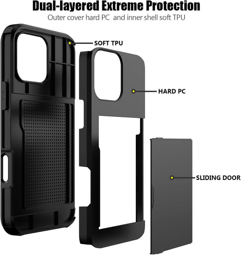 Nvollnoe 16 6.9 inch(Black) Compatible with iPhone Pro Max Case with Card Holder Dual Layer Heavy Duty Protective