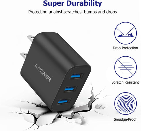 Amoner Wall Charger - Upgraded 2Pack 15W 3-Port USB Plug Cube for iPhone and Galaxy Devices