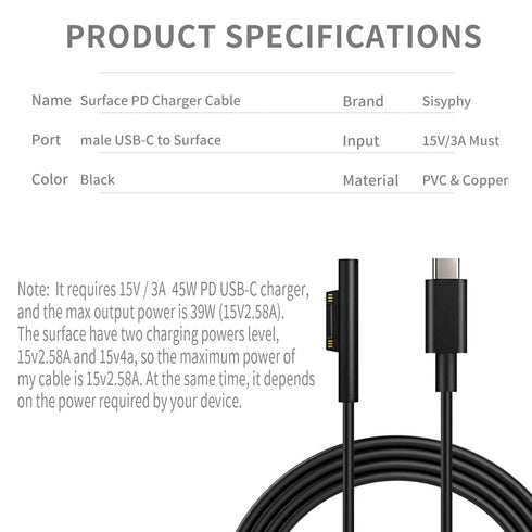 10ft USB-C Charging Cable for Microsoft Surface Pro 7, Go 2, Pro 6, 5/4/3, Laptop 1/2/3 & Book, Black, 45W Compatible.