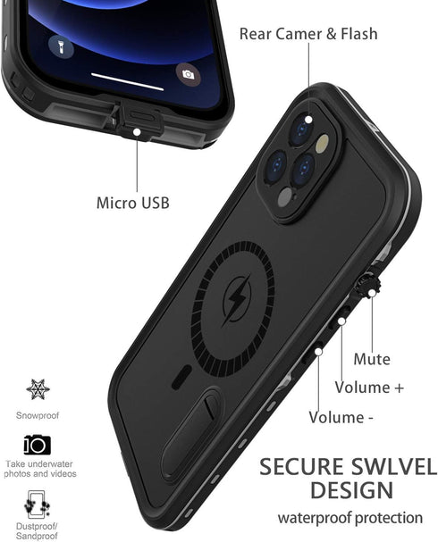 Diverbox Waterproof Case for iPhone 12 Pro Max, Durable Shockproof Cover with Kickstand & Screen Protector (Black)