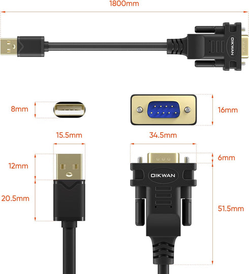 USB to RS232 Serial Adapter with FTDI Chipset, USB 2.0 to Male DB9 Cable for Windows and Mac OS (6ft)