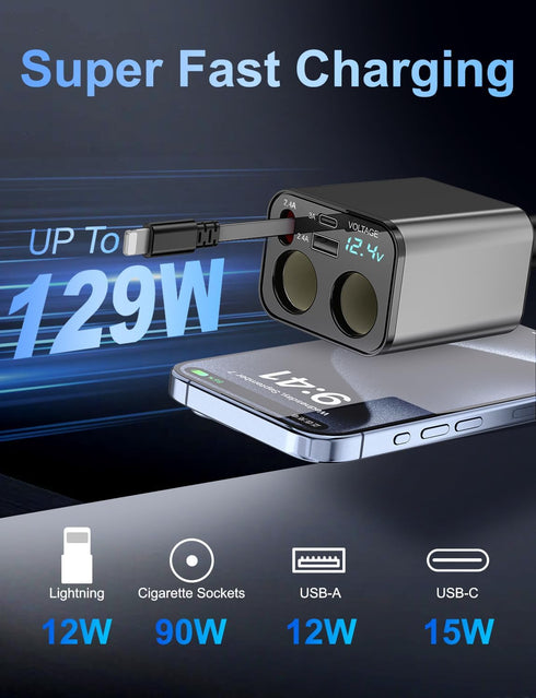 5 in 1 Fast Charging Retractable Car Charger, Cigarette Lighter Splitter with 2.6ft Cord, Dual USB Ports, 2 Sockets