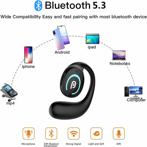 Open Ear Bluetooth 5.3 Headphones, Black Single Wireless Earbuds with Earhooks, Noise-Cancellation Stereo Sound, 36