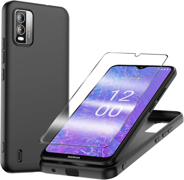for Nokia C210 Case with Tempered Glass Screen Protector, Slim Full-Body Silicone Bumpers Anti-Scratch Shockproof