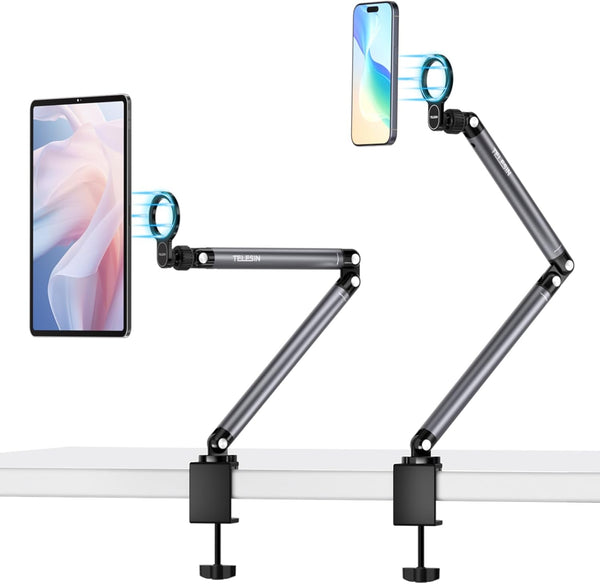 Phone Holder for Desk with Strong Magnetic Design, Tablet Stand Holder with Long Arm, 360° Freely Adjustable Rotation