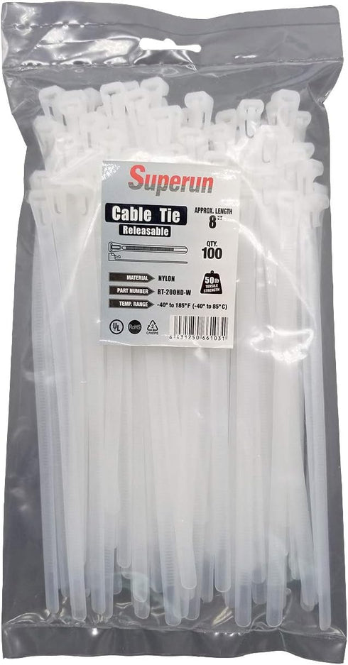 Superun Releasable Zip Ties - 8 Inch, 50 Lbs Tensile Strength, Pack of 100 Reusable Cable Ties in White