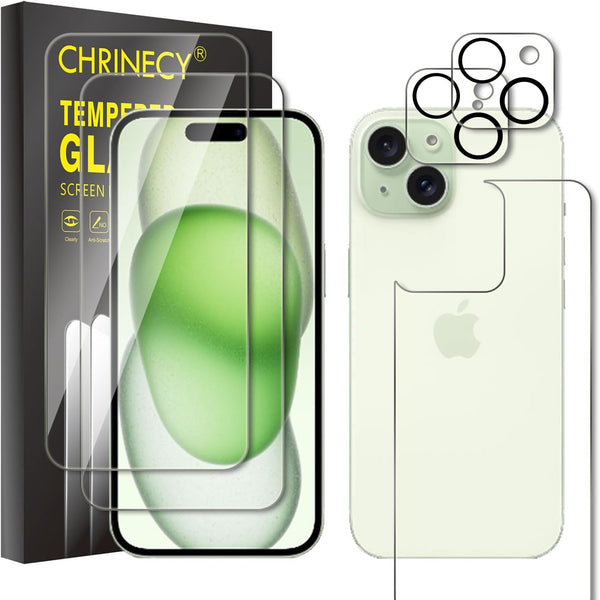iPhone 15 Back Screen Protector + 2 Front Protectors + Camera Lens Protector, 9H Hardness, Ultra HD, Anti-Scratch -