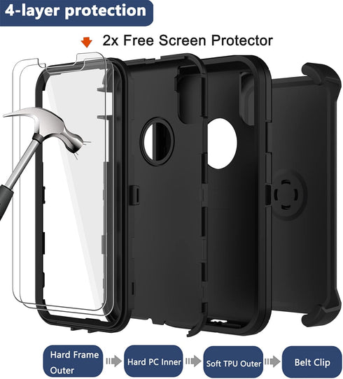 iPhone X/Xs Case with Belt Clip Holster, 2X Screen Protector, Military Grade Shockproof Heavy Duty Rugged Cover (Black)
