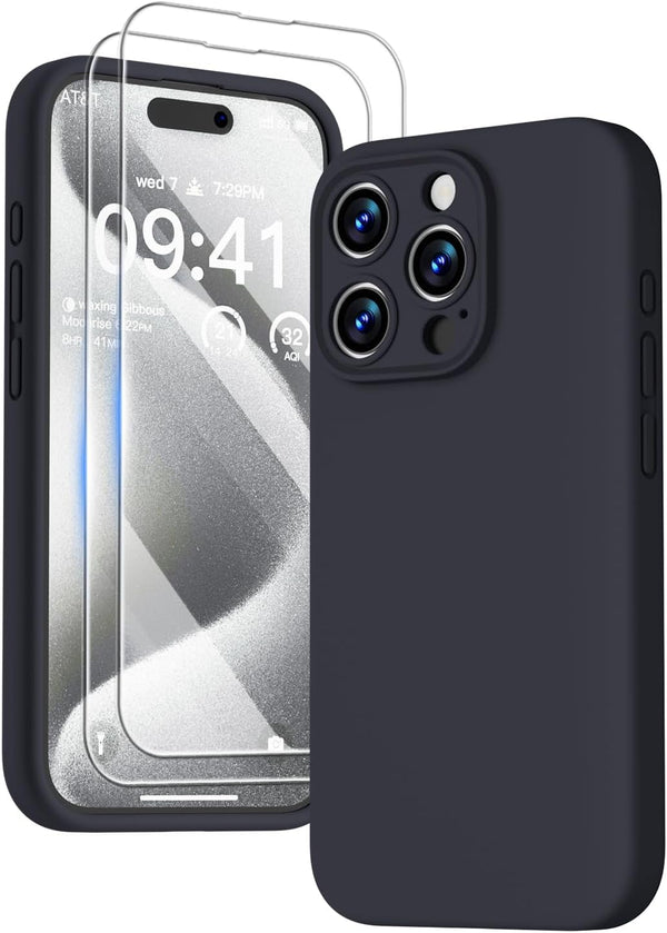 GOODVISH Silicone Case for iPhone 15 Pro, Enhanced Camera Protection, with 2 Screen Protectors, 6.1 inch, Black