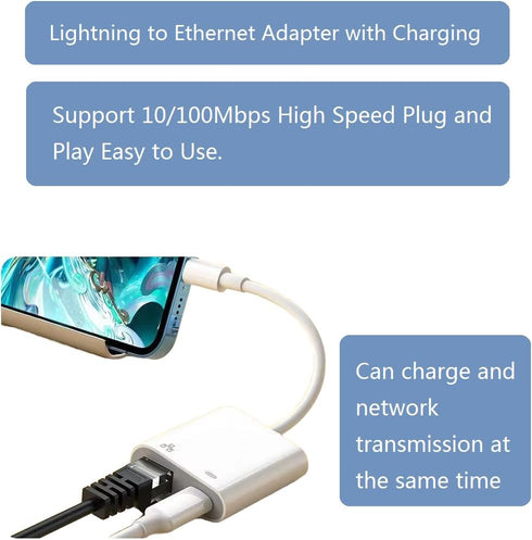 Lightning to Ethernet Adapter with Charging Port,RJ45 Ethernet LAN Network Adapter for iPhone/1Pad/iPod Supports 100Mbps,Plug and Play