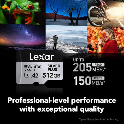 Lexar 512GB Professional Silver Plus microSDXC Memory Card w/SD Adapter, UHS-I, C10, U3, V30, Full-HD & 4K Video