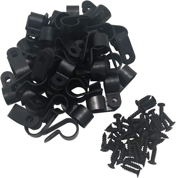 Cable Clamp R-Type Wire Clip 1/2" Nylon Screw Mounting Fastener Clips with Screws for Wire Management - 50 Pcs Cable