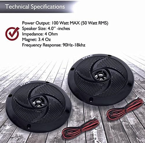 Pyle Marine Speakers - 4 Inch 2 Way Waterproof Outdoor Audio Stereo Sound System with 100 Watt Power - 1 Pair