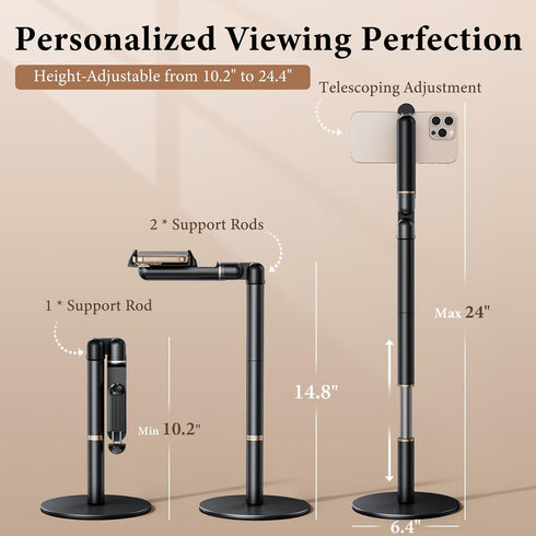 WISFISSH 10"-25" Desk,720Rotatable+180flip Height/Angle Adjustable Phone Holder, Retractable Tall Phone Stand for Phone