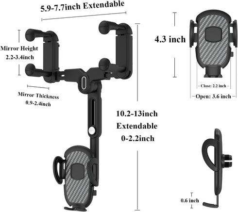 Car Phone Holder for Rearview Mirror, 360 Rotatable and Retractable, Fits 4.0-7.0 Inch Smartphones, Mirror-Black