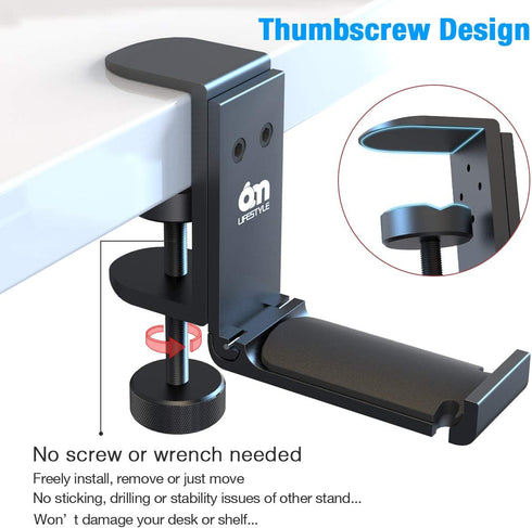 6amLifestyle Foldable Headphone Holder Hook Hanger Stand Under Desk - Metal Headset Wall Mount with Cable Organizer for