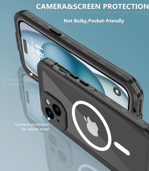 iPhone 15 Plus Case, Waterproof Shockproof IP68 with Built-in Screen Protector and Magnetic Ring, Black
