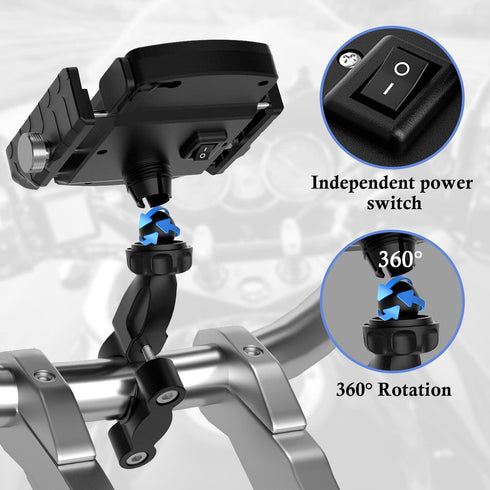 BATIGE Motorcycle Wireless Charger Phone Mount, 15W Qi Charger with USB 2.0, Waterproof for 12V/24V Devices
