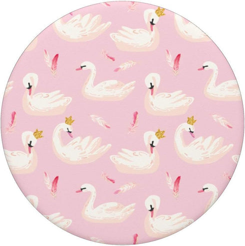 Cute Swans White with Feathers and Crowns Pattern on Pink PopSockets PopGrip for Phones & Tablets