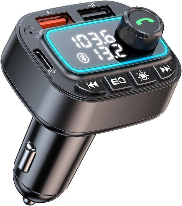 Bluetooth 5.3 Car Adapter FM Transmitter, 42W USB C Car Charger, Wireless Radio Receiver, Black