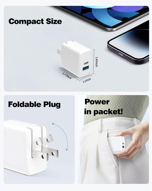 20W Dual Port Fast Charger for iPad 9th/8th/7th Gen 10.2 inch, iPad Air 3/2, with 6.6ft USB-C to Lightning Cable