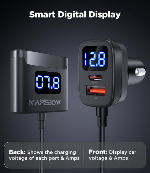 kapebow 78W Fast Charging USB C Car Charger, 5 Port Charger with Voltage Display, 5FT Extension for iPhone, iPad,