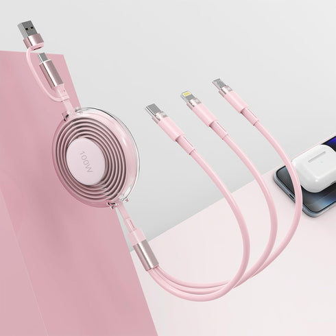 USB C Retractable Multi 5-in-1 Charging Cable, 100W+27W+10W PD Fast Charger for iPhone 15/14/13/12/Samsung S23, Pink