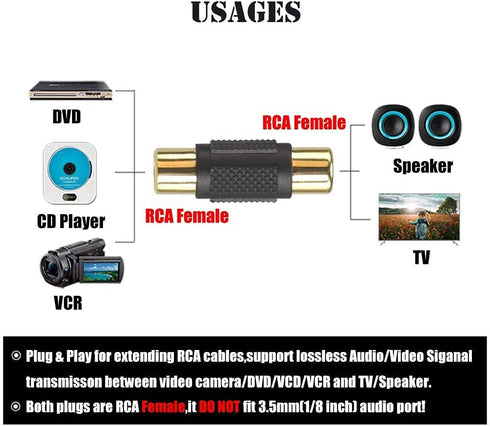 10 Pack Audio Video Gold RCA Female to Female Coupler Connector Adapters, Gold Plated for Phono, Speaker, RCA Cable