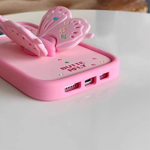 Cute 3D Butterfly iPhone 15 Pro Case, iPhone 14 Pro & 13 Pro with Kickstand, Shockproof Silicone Protector for Girls.