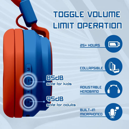 Headphones Kids Bluetooth Wireless Volume Limited 85/110dB Over Ear Foldable Noise Protection Headset/Wired Inline Cable Aux 3.5mm Mic for Child Boy Girl Travel School Pad Tablet Blue