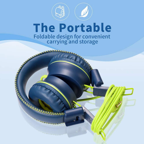 POWMEE M2 Kids Headphones - Foldable, Adjustable, Tangle-Free, 3.5MM Jack, On-Ear, Blue for School, Travel & More.